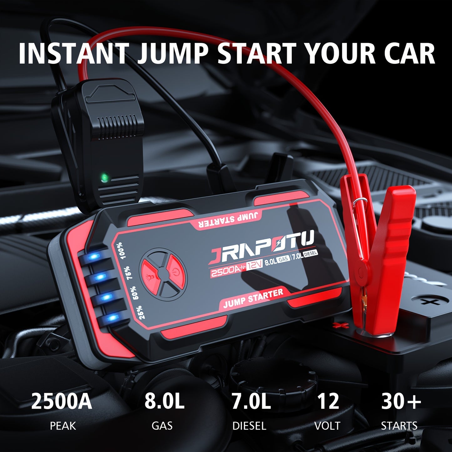 Portable Car Jump Starter, 2500A Peak Battery Jumper Starter Portable, Jump Box for Car Battery, 12V Portable Jump Starter for 8.0L Gas & 7.0L Diesel Cars with USB Ports & LED Flashlight