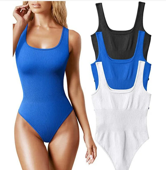 Women's Slim Solid Bodysuits Y2K Summer Sexy Ribbed Strappy Square Neck Sleeveless Tummy Control Tank Tops Bodysuits